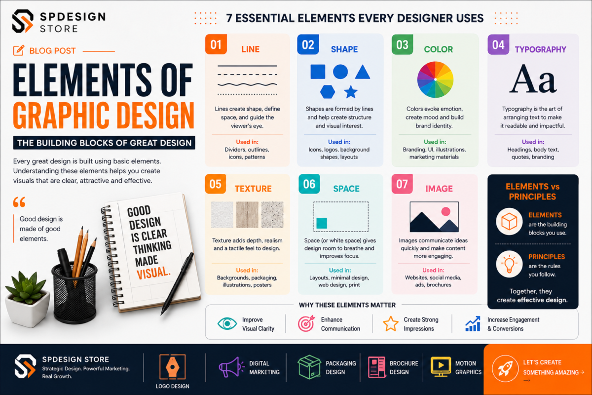elements of graphic design infographic showing line shape color typography texture space and image